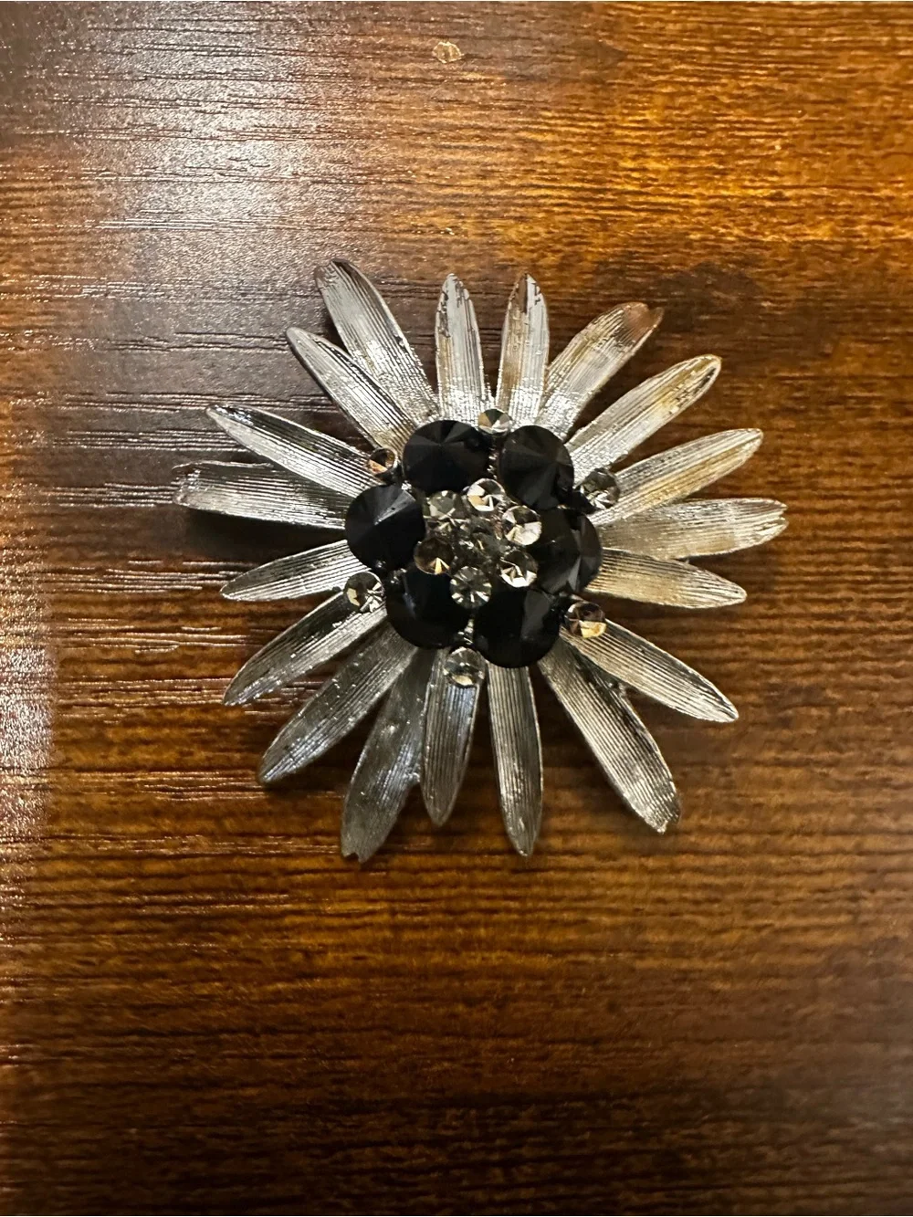 Silver Flower Brooch with Black and Clear Rhinestones